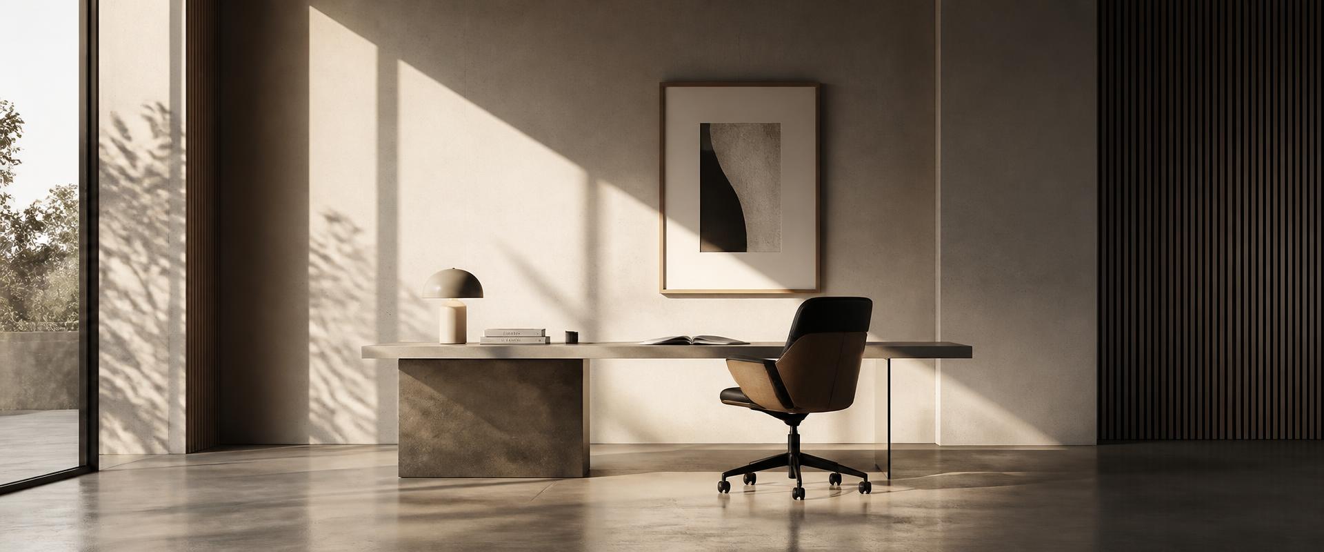 High-end minimal workspace with architectural light and shadow